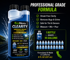 EcoNora Clearity windshield washer concentrate bottle with product features on a dark background