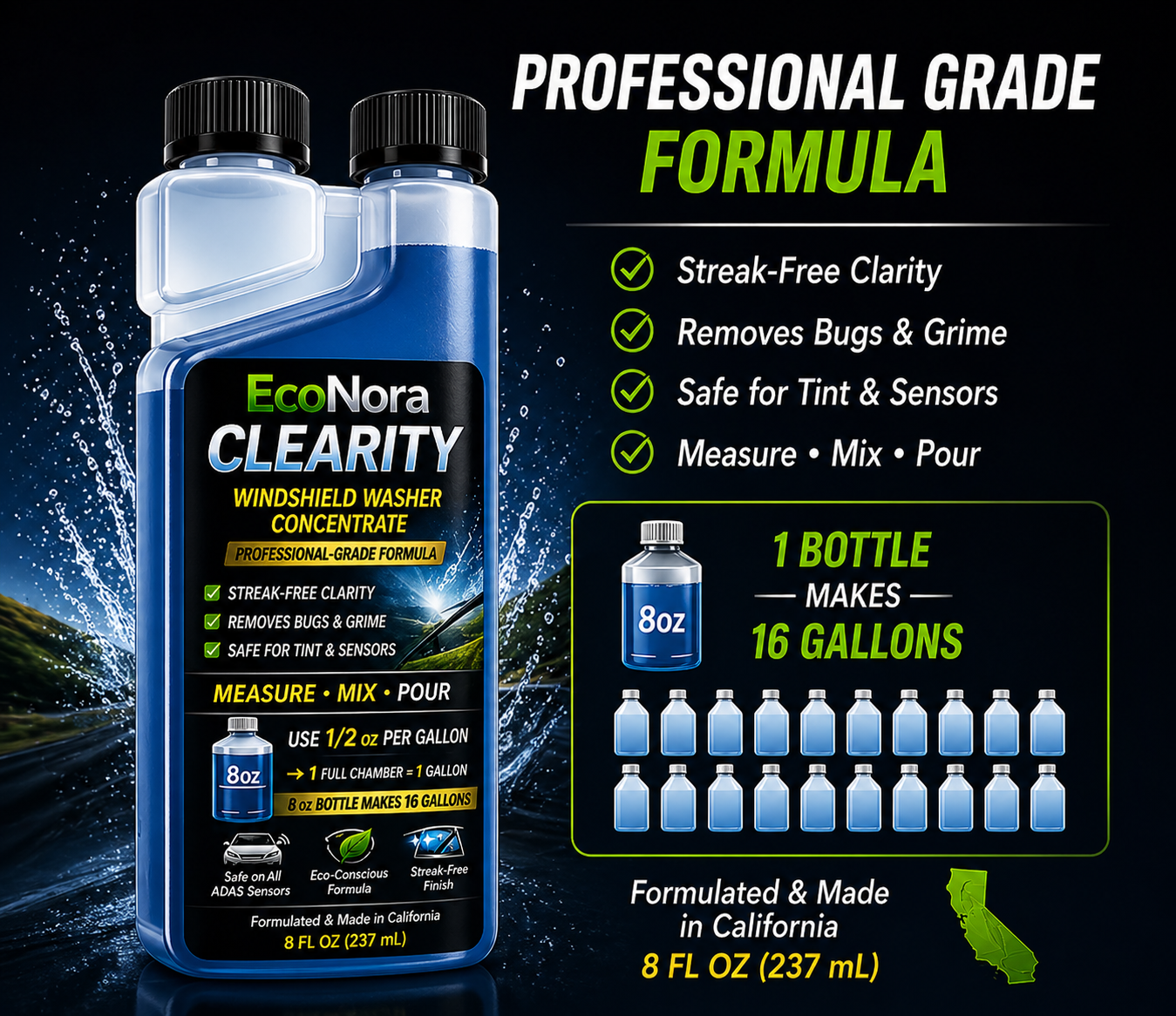 EcoNora Clearity windshield washer concentrate bottle with product features on a dark background
