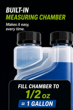 Bottle with measuring chamber labeled for 1/2 oz and 1 gallon on a black background