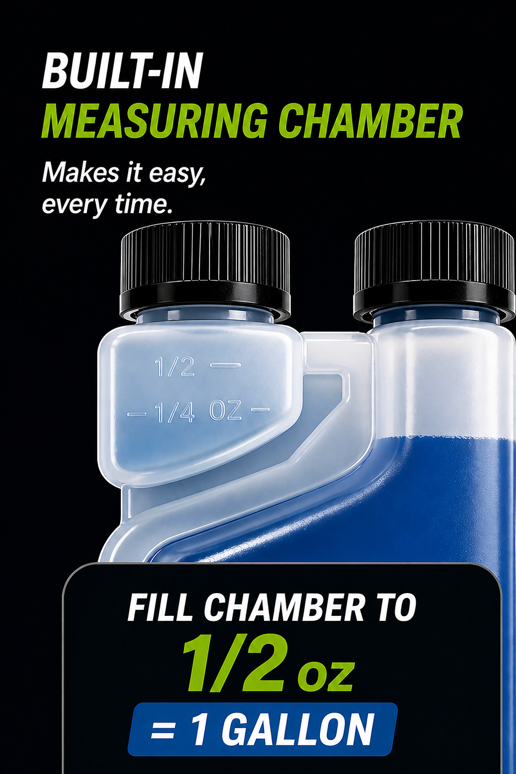 Bottle with measuring chamber labeled for 1/2 oz and 1 gallon on a black background