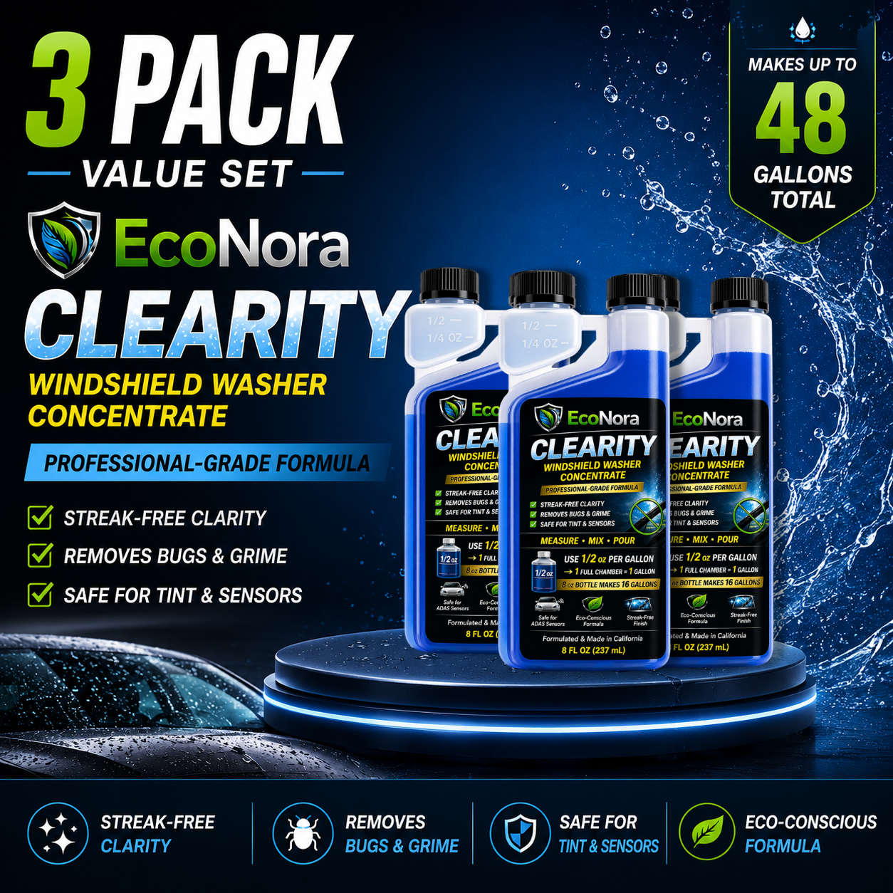 Clearity Windshield Washer Concentrate, Professional-Grade | 8 fl oz Makes 16 Gallons
